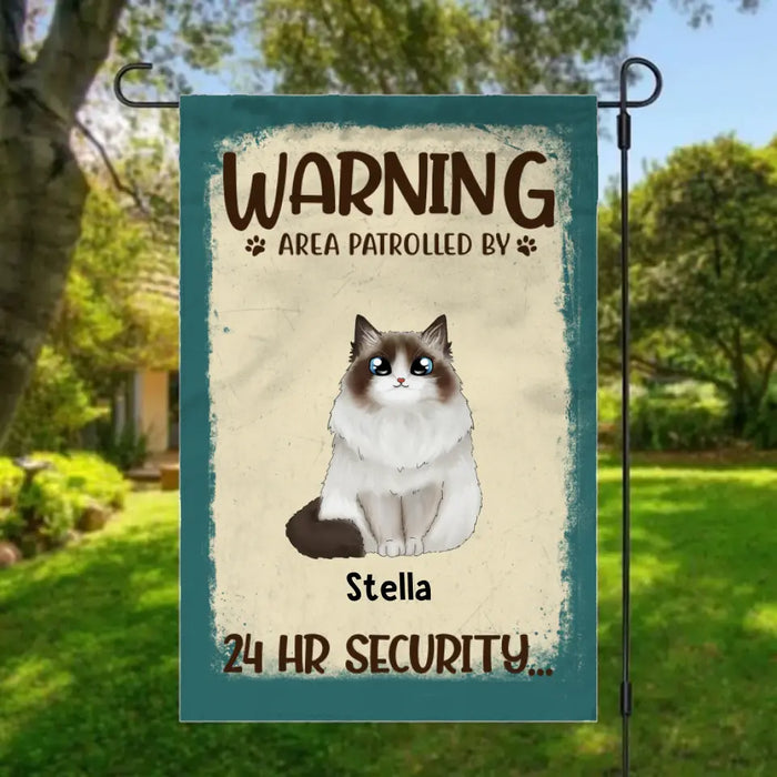 Personalized Garden Flag, Warning Area Patrolled By 24 Hr Security, Custom Gift For Cat Lovers