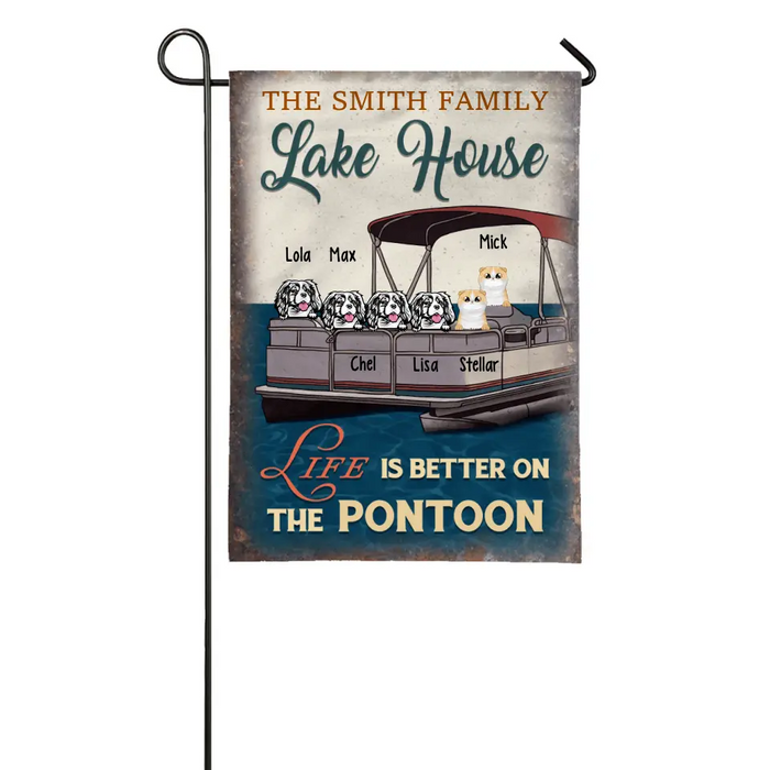 Personalized Garden Flag, Up To 6 Pets, Life Is Better On The Pontoon, Gift For Pontoon Boat Lovers, Dog Lovers, Cat Lovers