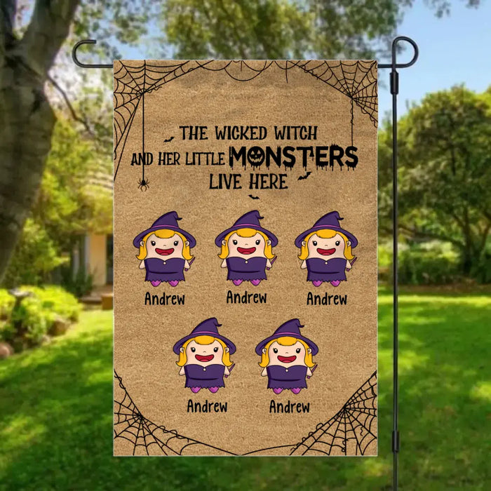 Personalized Garden Flag, The Wicked Witch And Her Little Monsters Live Here, Cute Halloween Monsters, Gifts For Halloween Family