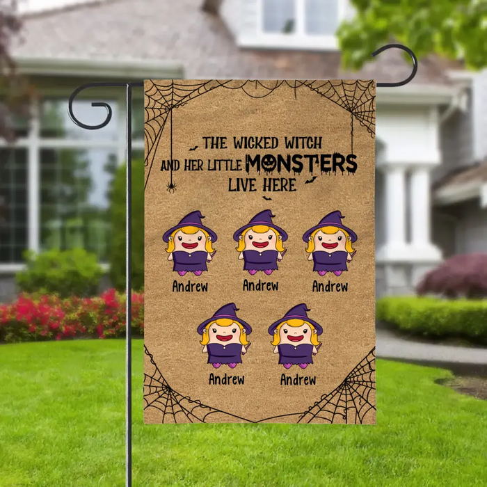 Personalized Garden Flag, The Wicked Witch And Her Little Monsters Live Here, Cute Halloween Monsters, Gifts For Halloween Family