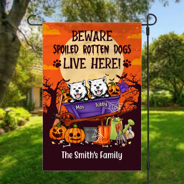 Personalized Garden Flag, Up To 6 Dogs, Beware Spoiled Rotten Dogs Live Here, Halloween Gifts for Dog Lovers