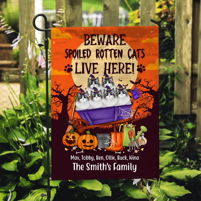 Personalized Garden Flag, Up To 6 Cats, Beware Spoiled Rotten Cats Live Here, Halloween Gift For Cat Lovers