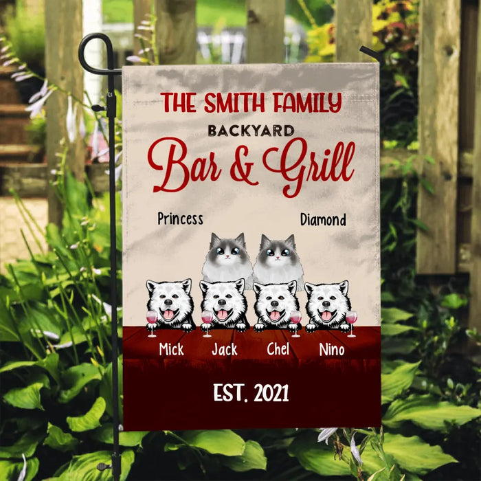 Personalized Garden Flag, Up To 6 Pets, Pet Backyard Bar & Grill, Gift For Dog Lovers And Cat Lovers