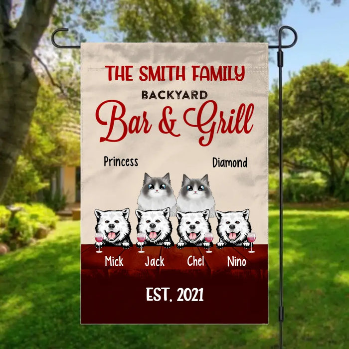 Personalized Garden Flag, Up To 6 Pets, Pet Backyard Bar & Grill, Gift For Dog Lovers And Cat Lovers