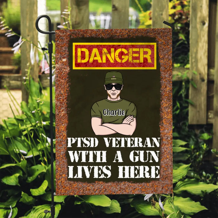 Personalized Garden Flag, PTSD Veteran With A Gun Lives Here, Gifts For Veterans