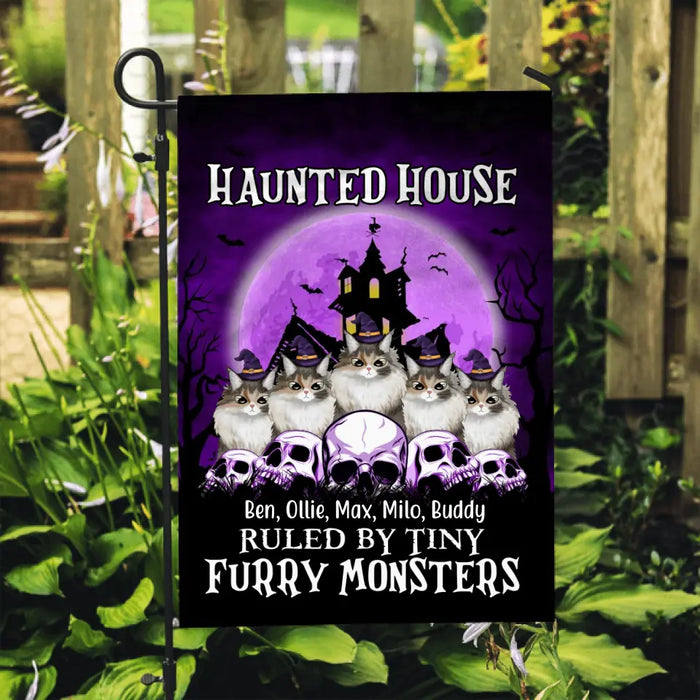 Personalized Garden Flag, Up To 5 Cats, Haunted House Ruled By Tiny Furry Monsters, Halloween Gift For Cat Lovers