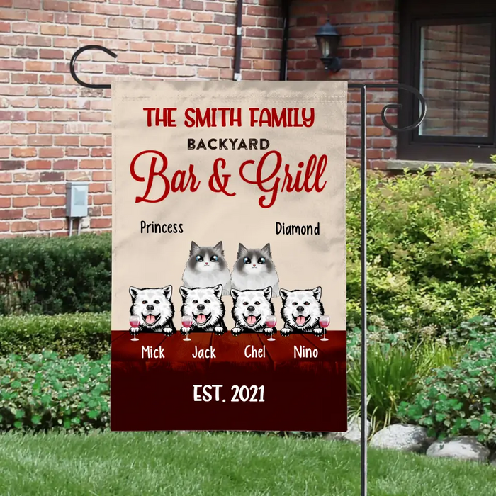 Personalized Garden Flag, Up To 6 Pets, Pet Backyard Bar & Grill, Gift For Dog Lovers And Cat Lovers