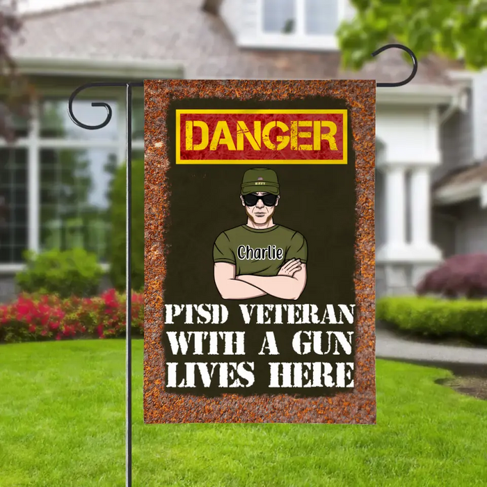 Personalized Garden Flag, PTSD Veteran With A Gun Lives Here, Gifts For Veterans