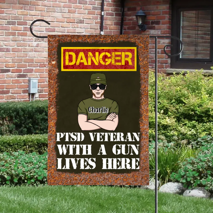 Personalized Garden Flag, PTSD Veteran With A Gun Lives Here, Gifts For Veterans