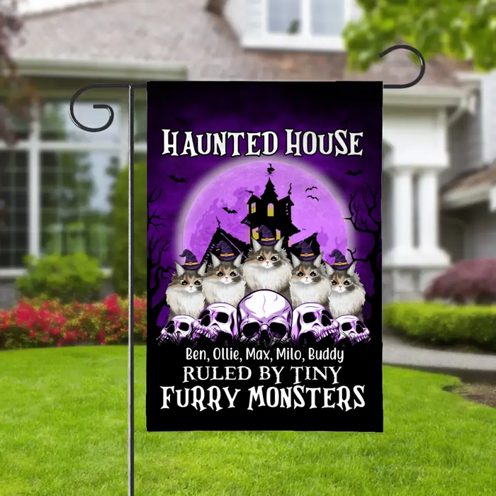 Personalized Garden Flag, Up To 5 Cats, Haunted House Ruled By Tiny Furry Monsters, Halloween Gift For Cat Lovers