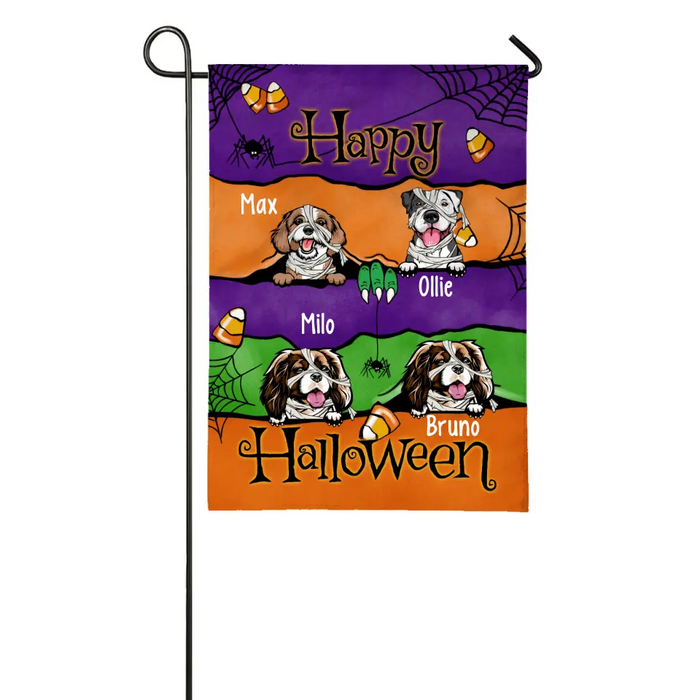 Personalized Garden Flag, Up To 4 Dogs, Happy Halloween, Peeking Dogs Halloween Theme Flag, Halloween Gift For Dog Lovers