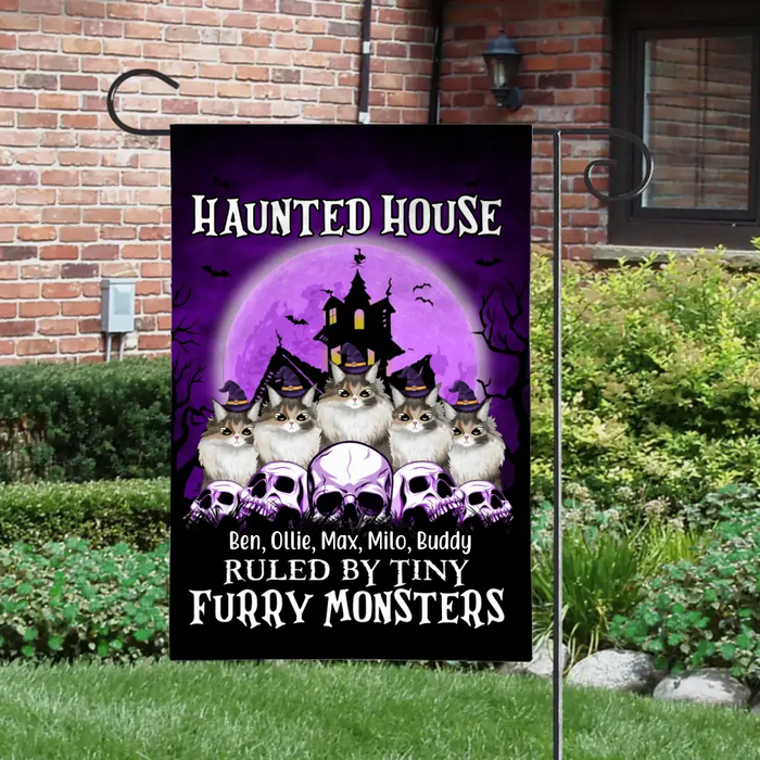 Personalized Garden Flag, Up To 5 Cats, Haunted House Ruled By Tiny Furry Monsters, Halloween Gift For Cat Lovers