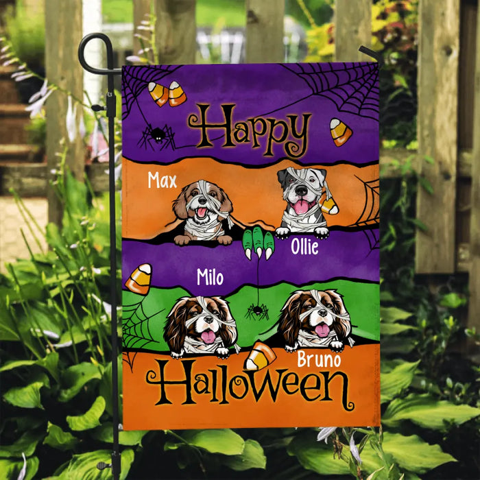 Personalized Garden Flag, Up To 4 Dogs, Happy Halloween, Peeking Dogs Halloween Theme Flag, Halloween Gift For Dog Lovers