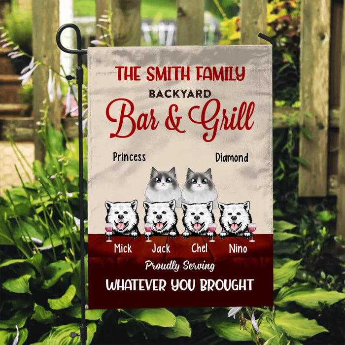 Personalized Garden Flag, Up To 6 Pets, Backyard Bar & Grill Proudly Serving, Gift For Dog Lovers And Cat Lovers