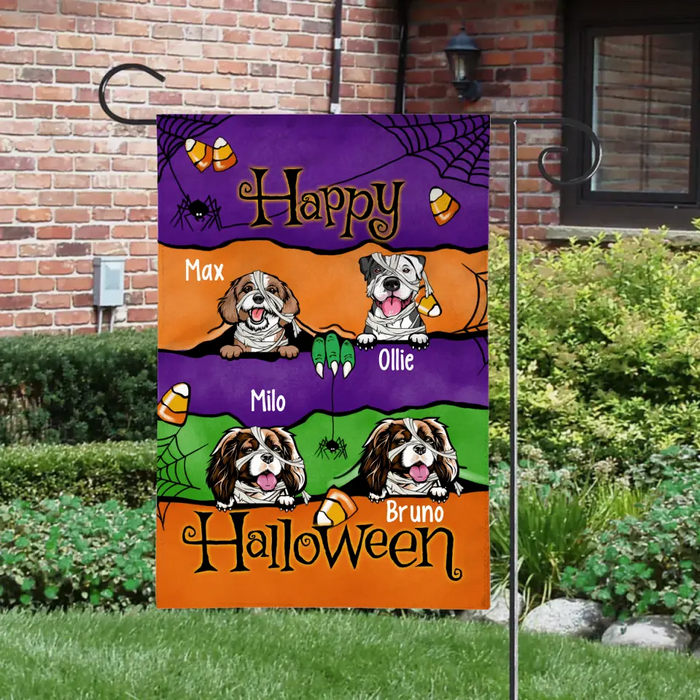 Personalized Garden Flag, Up To 4 Dogs, Happy Halloween, Peeking Dogs Halloween Theme Flag, Halloween Gift For Dog Lovers