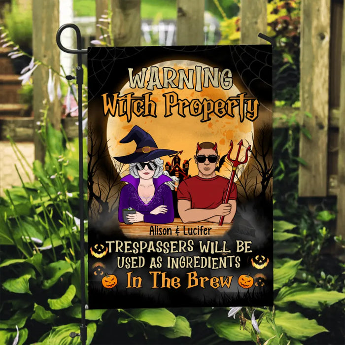 Personalized Garden Flag, Warning Witch Property, Halloween Gift For Couple, Halloween Gift For Grandma And Grandpa