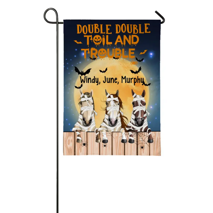 Personalized Garden Flag, Up To 3 Horses, Double Double Toil And Trouble, Halloween Gift For Horse Lovers