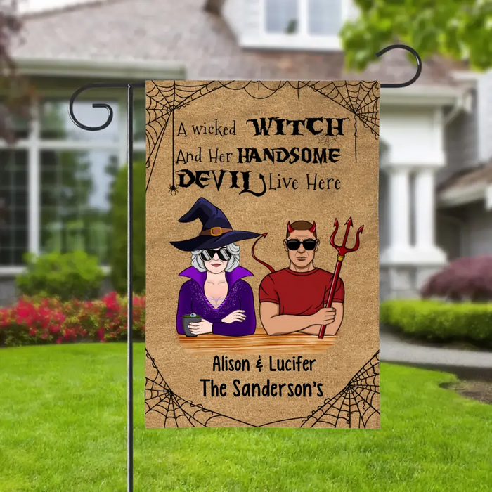 Personalized Garden Flag, A Wicked Witch And Her Handsome Devil Live Here, Halloween Gift For Old Couple, Grandparents