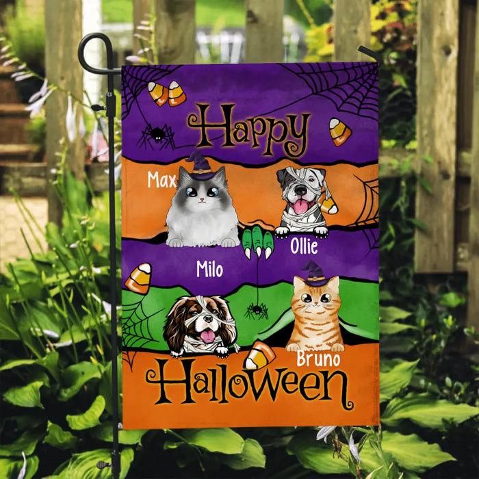 Personalized Garden Flag, Up To 4 Pets, Happy Halloween, Halloween Theme Flag, Halloween Gift For Dog Lovers, Cat Lovers