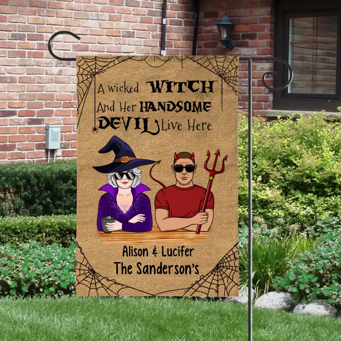 Personalized Garden Flag, A Wicked Witch And Her Handsome Devil Live Here, Halloween Gift For Old Couple, Grandparents