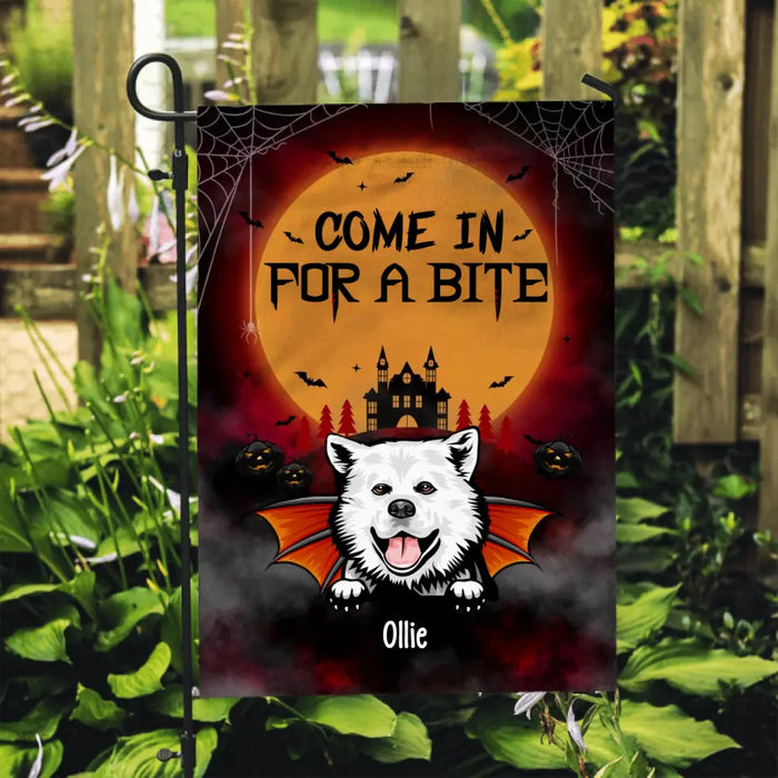 Personalized Garden Flag, Up To 6 Dogs, Vampire Theme Flag, Come In For A Bite, Halloween Gift For Dog Lovers