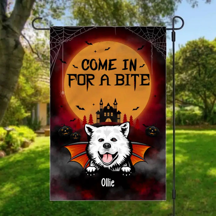 Personalized Garden Flag, Up To 6 Dogs, Vampire Theme Flag, Come In For A Bite, Halloween Gift For Dog Lovers