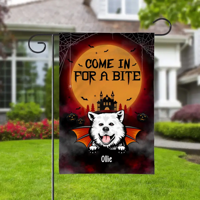 Personalized Garden Flag, Up To 6 Dogs, Vampire Theme Flag, Come In For A Bite, Halloween Gift For Dog Lovers