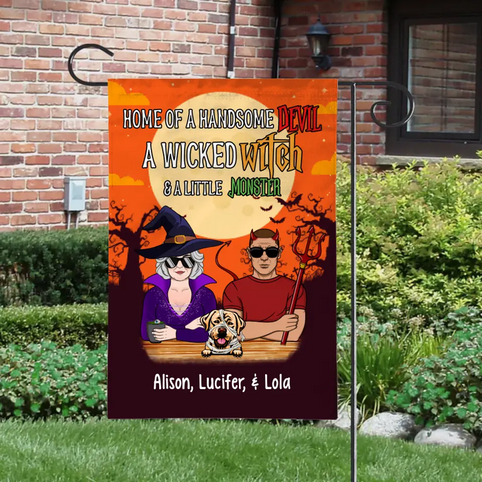 Personalized Garden Flag, Home Of A Handsome Devil, A Wicked Witch And The Little Monsters, Halloween Gift For Old Couple and Dog Lovers