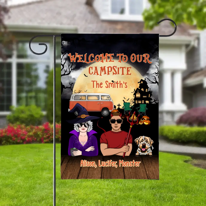 Personalized Garden Flag, Welcome To Our Campsite, Halloween Gift For Camping Lovers, Dog Lovers