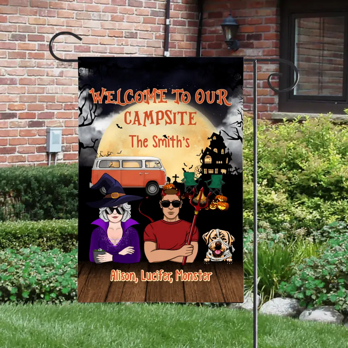 Personalized Garden Flag, Welcome To Our Campsite, Halloween Gift For Camping Lovers, Dog Lovers