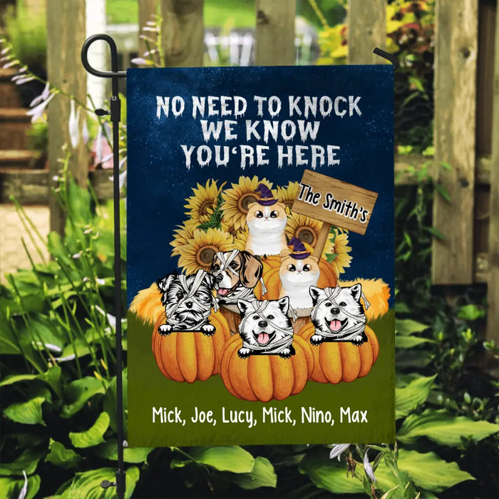 Personalized Garden Flag, Pumpkin Pets, No Need To Knock - Halloween Gift, Gift For Dog Lovers, Cat Lovers