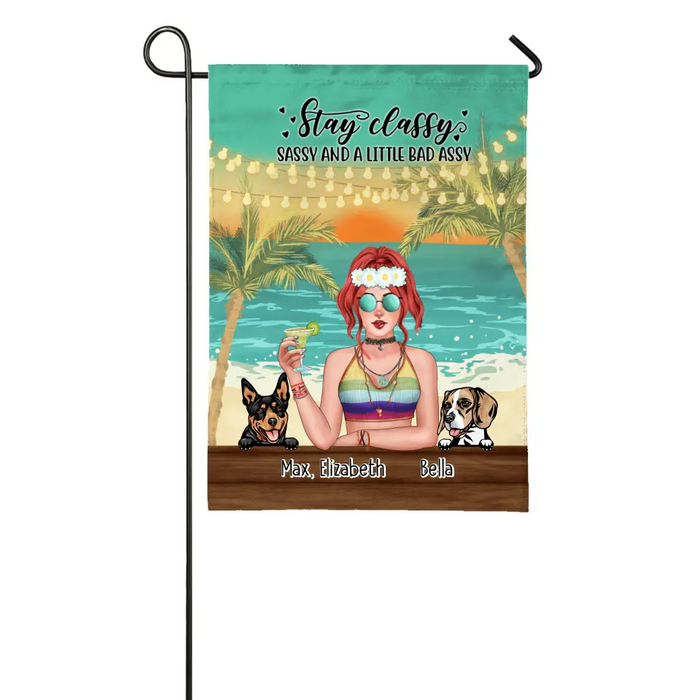 Personalized Garden Flag, Hippie Girl with Dogs On The Beach, Gifts For Hippie and Dog Lovers