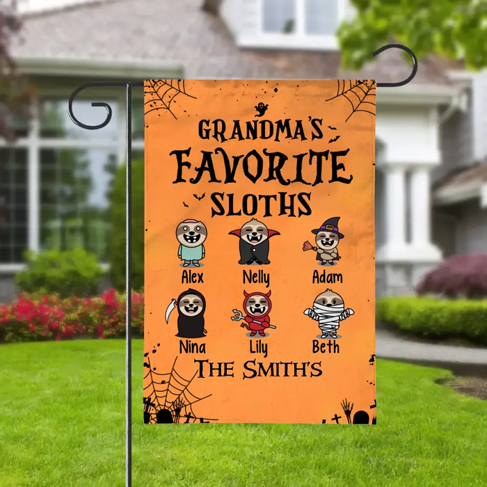 Personalized Garden Flag, Up To 5 Sloths, Halloween Theme, Grandma's Favorite Sloth, Halloween Gift For Grandma