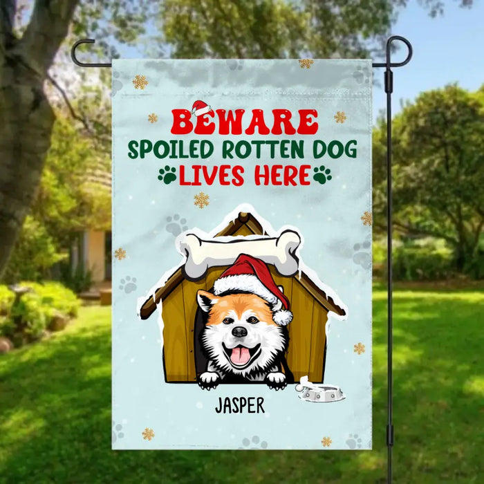 Personalized Garden Flag, Beware Spoiled Rotten Dogs Live Here, Christmas Gift For Dog Lovers