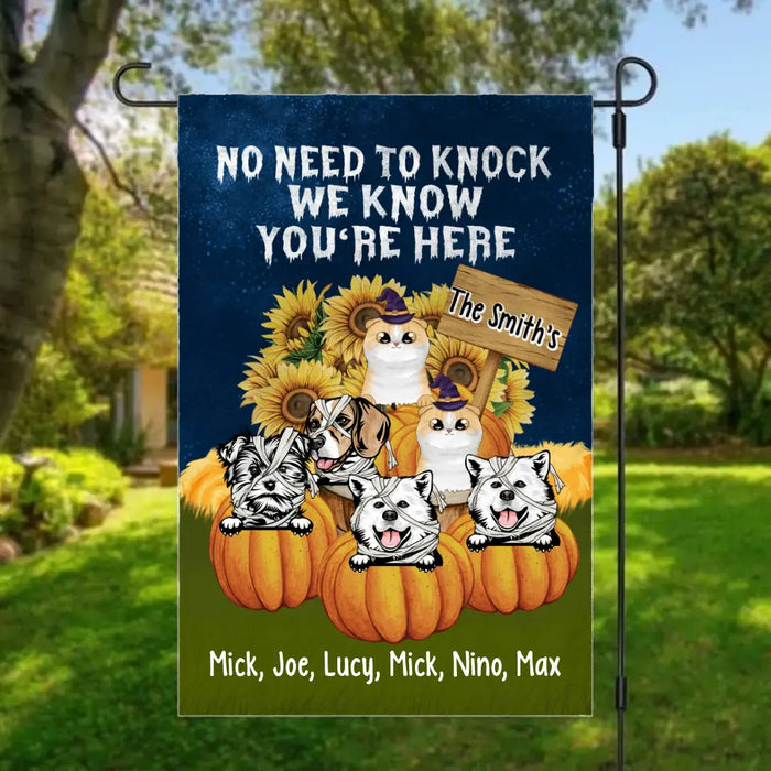 Personalized Garden Flag, Pumpkin Pets, No Need To Knock - Halloween Gift, Gift For Dog Lovers, Cat Lovers