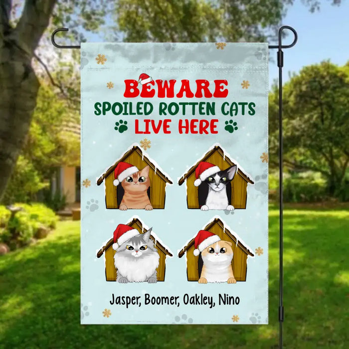 Personalized Garden Flag, Beware Spoiled Rotten Cats Live Here, Christmas Gift For Cat Lovers