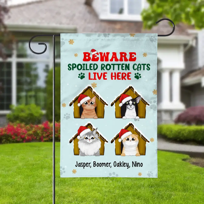 Personalized Garden Flag, Beware Spoiled Rotten Cats Live Here, Christmas Gift For Cat Lovers