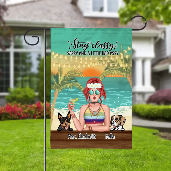 Personalized Garden Flag, Hippie Girl with Dogs On The Beach, Gifts For Hippie and Dog Lovers