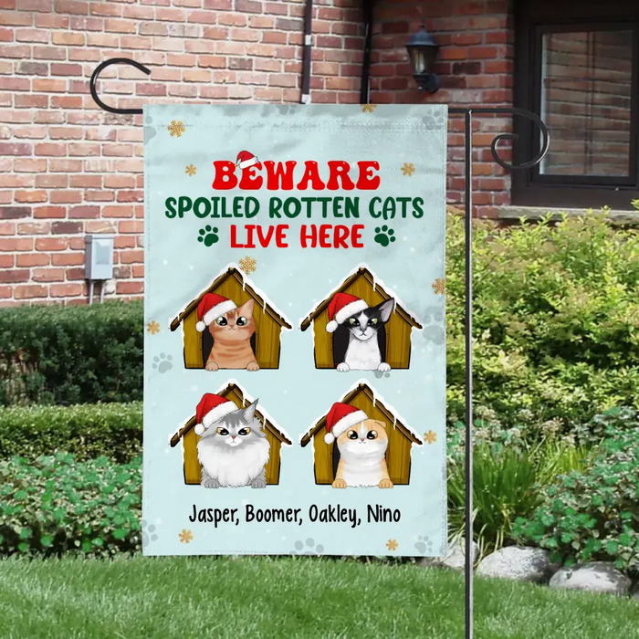 Personalized Garden Flag, Beware Spoiled Rotten Cats Live Here, Christmas Gift For Cat Lovers