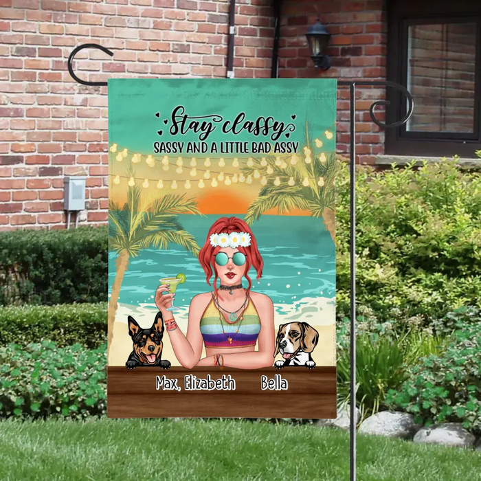 Personalized Garden Flag, Hippie Girl with Dogs On The Beach, Gifts For Hippie and Dog Lovers