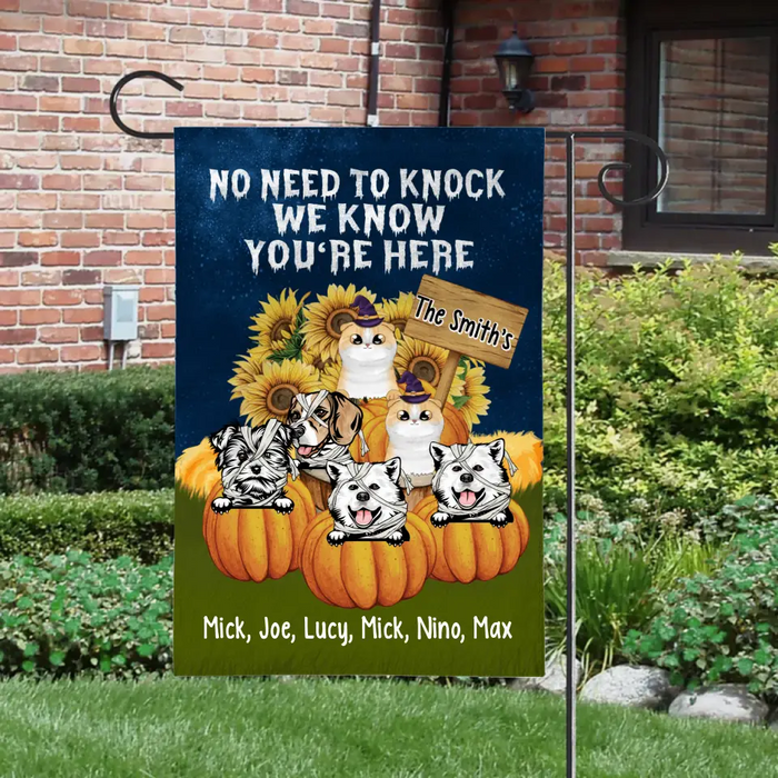 Personalized Garden Flag, Pumpkin Pets, No Need To Knock - Halloween Gift, Gift For Dog Lovers, Cat Lovers