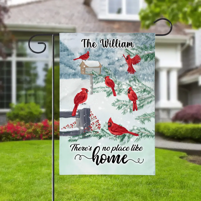 Personalized Garden Flag, There's No Place Like Home, Cardinal Family, Christmas Birds, Christmas Gift For Family