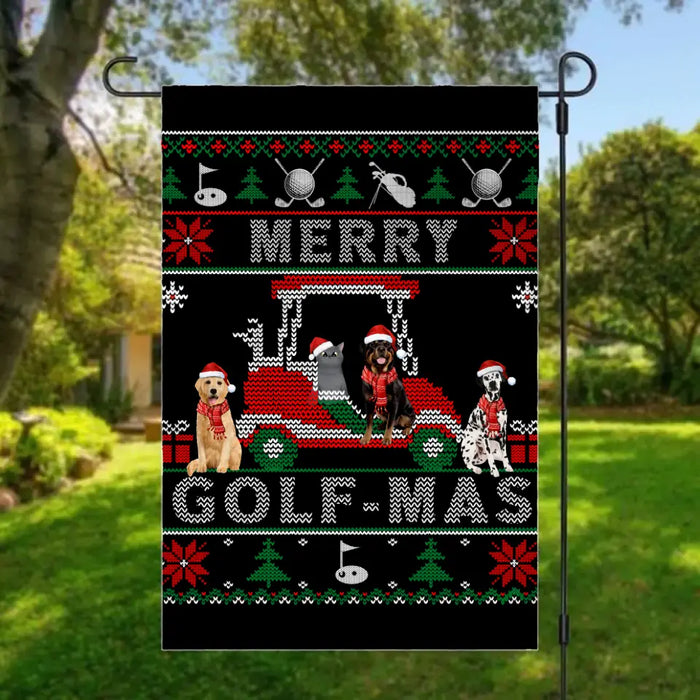 Personalized Garden Flag, Merry Golf-Mas With Pets, Christmas Gift For Golfing Lovers, Dog And Cat Lovers