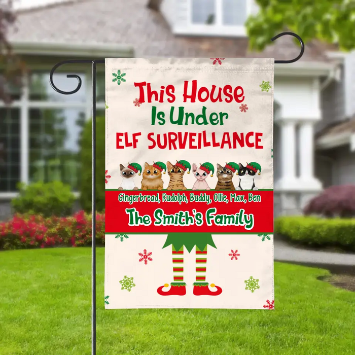 Personalized Garden Flag, Up To 6 Cats, This House Is Under Elf Surveillance, Christmas Gift For Cat Lovers