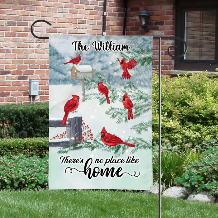 Personalized Garden Flag, There's No Place Like Home, Cardinal Family, Christmas Birds, Christmas Gift For Family