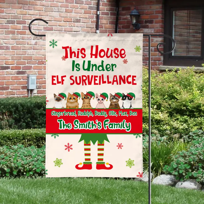 Personalized Garden Flag, Up To 6 Cats, This House Is Under Elf Surveillance, Christmas Gift For Cat Lovers