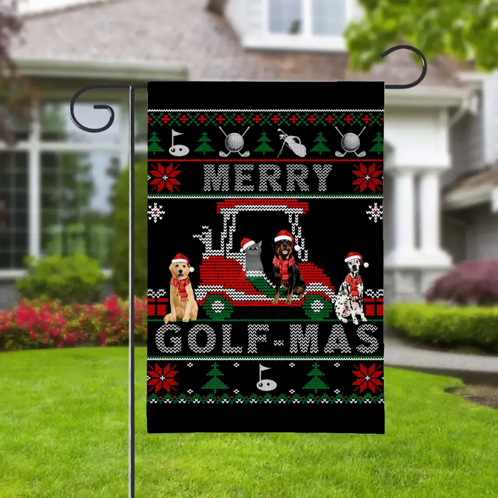 Personalized Garden Flag, Merry Golf-Mas With Pets, Christmas Gift For Golfing Lovers, Dog And Cat Lovers