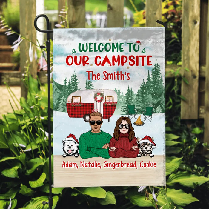 Personalized Garden Flag, Welcome To Our Campsite, Camping Couple With Dogs, Gift For Camping Lovers, Dog Lovers, Couples