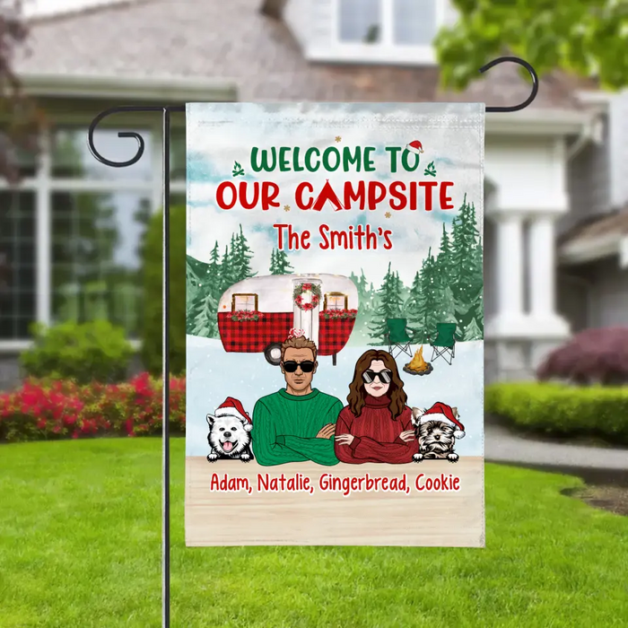 Personalized Garden Flag, Welcome To Our Campsite, Camping Couple With Dogs, Gift For Camping Lovers, Dog Lovers, Couples