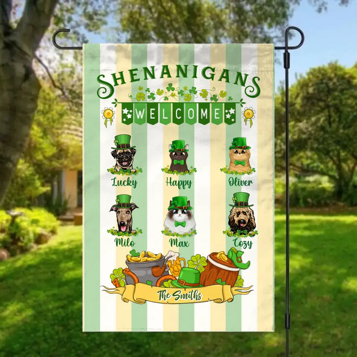 Shenanigans Welcome - Personalized Garden Flag For Family, Dog Lovers, Cat Lovers, St. Patrick's Day